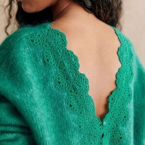 Sezane Green Scalloped Lace-Back V-Neck Sweater